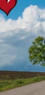 Scenic road under a sky with a heart and tree.