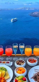 A harmonious ocean view breakfast scene with fruit and drinks.