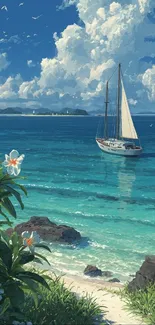 Sailboat gliding on a turquoise sea under blue skies.