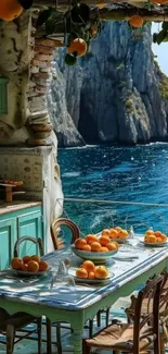 Ocean view breakfast table with oranges and cliffs.