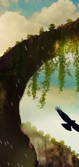 A scenic wallpaper featuring a bird flying over a cliff with sky and greenery.