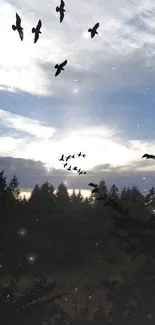 Birds flying over a forested dusk sky.