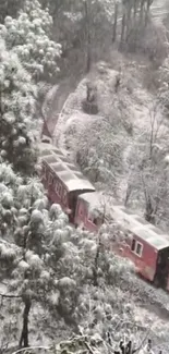 Red train travels through snowy forest in serene mobile wallpaper.