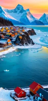 Colorful village by snowy mountains and lake at sunset.