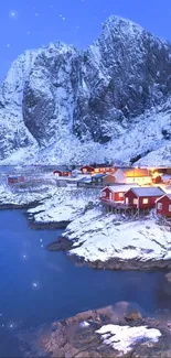 Snow-covered village with mountains and ocean in serene light blue hues.