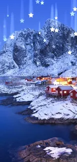 Snowy village at dusk with mountains and warm cabin lights.