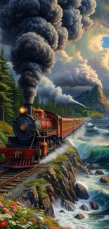 Scenic steam train on coastal route with vibrant landscape.