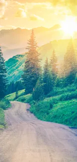 Scenic path through mountains at sunrise with lush greenery.