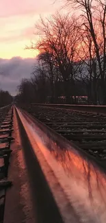 Railway tracks at sunrise with vibrant sky and trees.