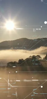 Scenic sunrise with digital tech overlays on a foggy mountain landscape.