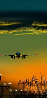 Airplane silhouette against a vibrant sunset sky with orange and blue hues.