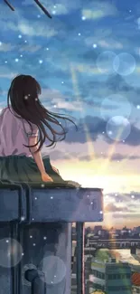 Anime scene with a girl on a rooftop watching the sunset over a city skyline.