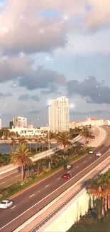 Scenic cityscape at sunset with road and skyline.