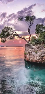 Serene sunset over a rocky cliff with sparkling waters.