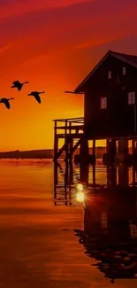 Serene sunset over lake with dock and birds in flight.