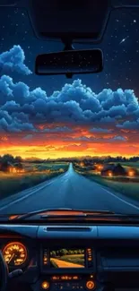 Driving into sunset with scenic clouds and open road ahead.