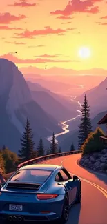 Car driving on mountain road at sunset with river view.