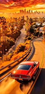 Vintage car on scenic sunset drive with city skyline.