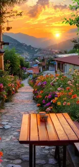 Scenic path with flowers at sunset, view of mountains.