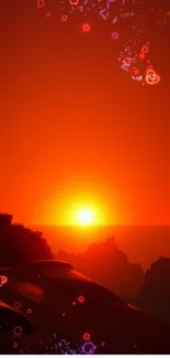 Vivid red desert sunset with dunes and vibrant colors.