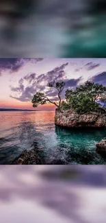 A serene sunset over a small island with lush trees and vibrant sky colors.