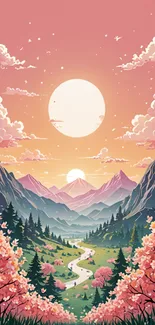 Scenic illustration of a sunrise over mountains with cherry blossoms and a winding river.