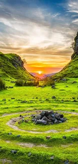 Green hills with sunset and stone circle in nature.