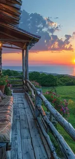 Rustic veranda overlooking ocean at sunset.