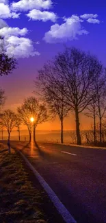 Mobile wallpaper of a scenic road at sunset with vibrant colors in the sky.