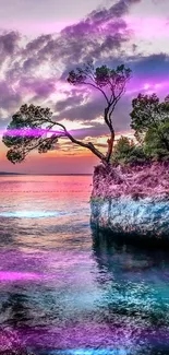 Beautiful sunset over a rocky island with purple and blue hues.