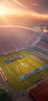 Sunset view of a stadium with vivid lighting and a spacious field.