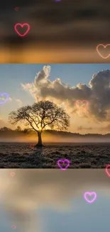 Solitary tree against sunset sky with heart shapes in landscape wallpaper.