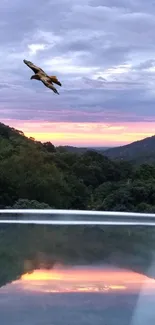 Eagle soaring over hills at sunset with reflections on water.