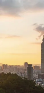 Taipei skyline at sunset with Taipei 101 tower.