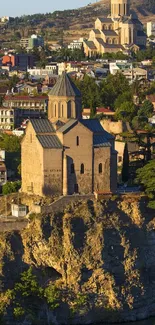 Tbilisi cityscape with iconic architecture and lush trees.