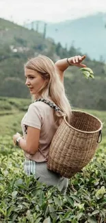 Woman enjoying a tea garden scene in serene greenery.