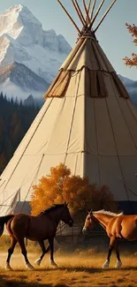 Teepee with horses in a mountain landscape under autumn sky.