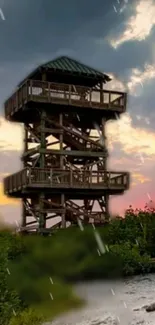 Wooden tower at sunset with cloudy sky and rain.