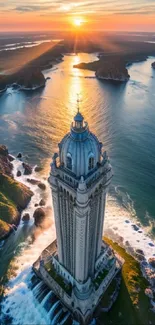 Majestic tower with ocean backdrop at sunset.