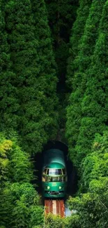 Train passing through vibrant green forest scenery.