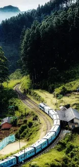 Train winding through a lush green landscape with forested hills.