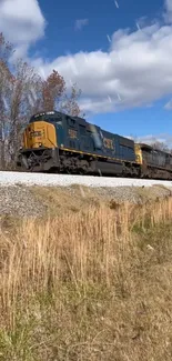 Train on a rural track under a bright blue sky.