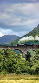 Historic train on a scenic viaduct through lush green landscape.