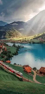 Train passes through a lush green valley with mountains and a blue lake.