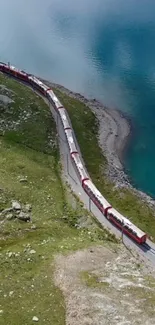 A scenic train travels along a lush landscape next to turquoise waters.