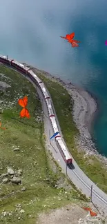 Train by a turquoise lake with flying butterflies on scenic wallpaper.