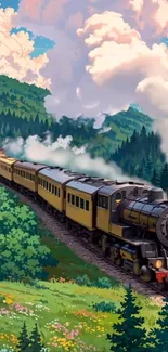 Vintage steam train in green landscape with clouds.