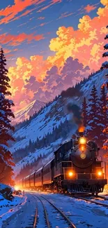 Train traveling through snowy mountains with a colorful sunset sky.