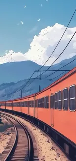 Scenic train journey with mountains and clouds.