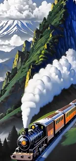 Illustrated train moving through mountainous landscape with a cloudy sky.
